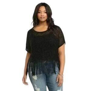 Torrid Womens 2X Black Short Sleeve Crochet Open Stitch Fringe Crop Boho